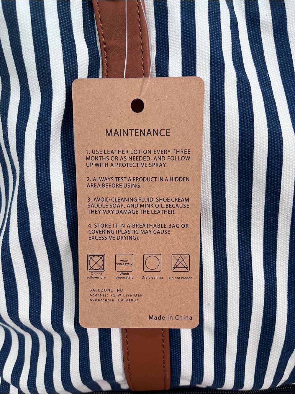 Striped Navy and White Travel Weekender Bag with Brown Leather Trim - Picture 7 of 8